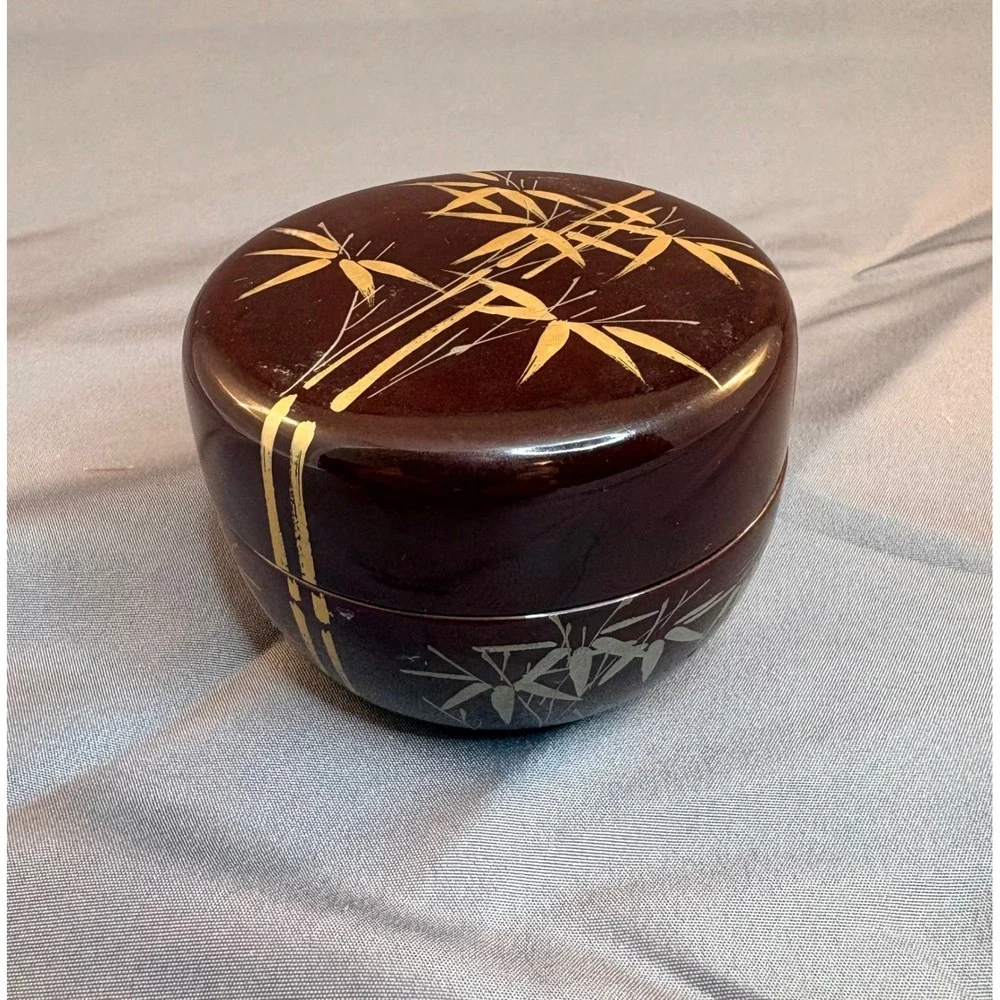 Japanese Lacquered Box Gold Bamboo Tea Caddy Natsume Round Trinket Jar Brown